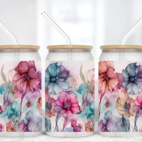 Watercolor Flowers | 16 oz Frosted Glass Tumbler T-Shirts, Hoodie, Sweatshirt | GrindPrints.com