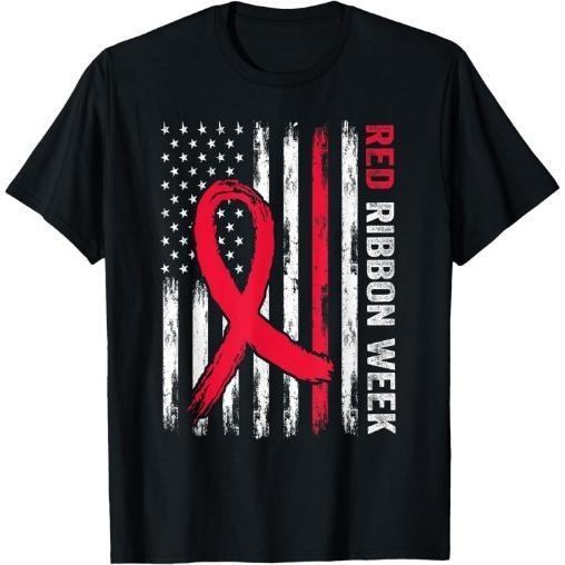 We Wear Red For Red Ribbon Week Awareness American Flag T-Shirt Made in USA Hoodie, Sweatshirt | GrindPrints.com