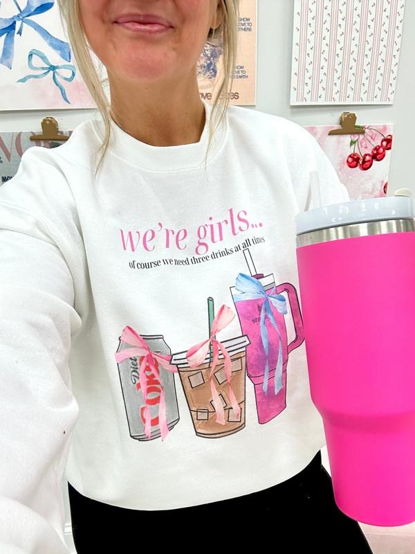 'We're Girls Bow Drinks' Crewneck Sweatshirt, Cozy Girly Diet Coke Sweater T-Shirts, Hoodie | GrindPrints.com