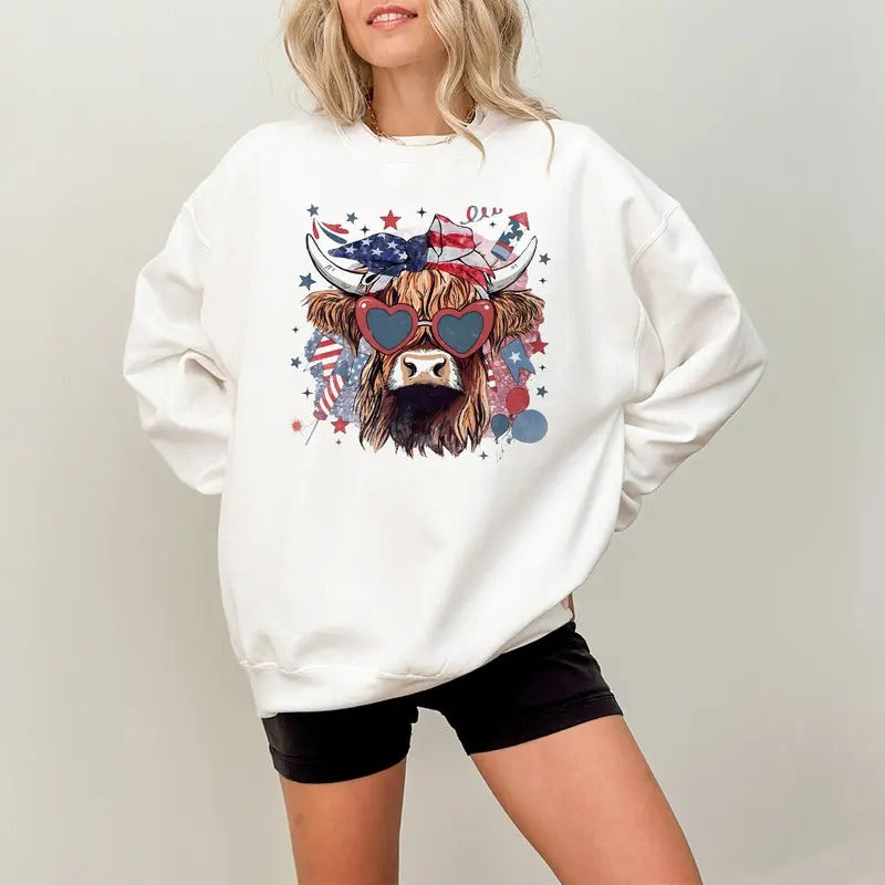 Western America Highland Cow Sweatshirt, America Sweater, 4th Of july tee, American Flag Shirt, Usa Shirt, America...