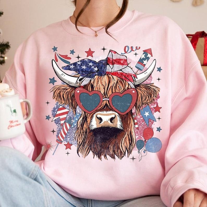 Western America Highland Cow America Shirt 4th July Western American Flag Usa America Freedom T-Shirts, Hoodie, Sweatshirt