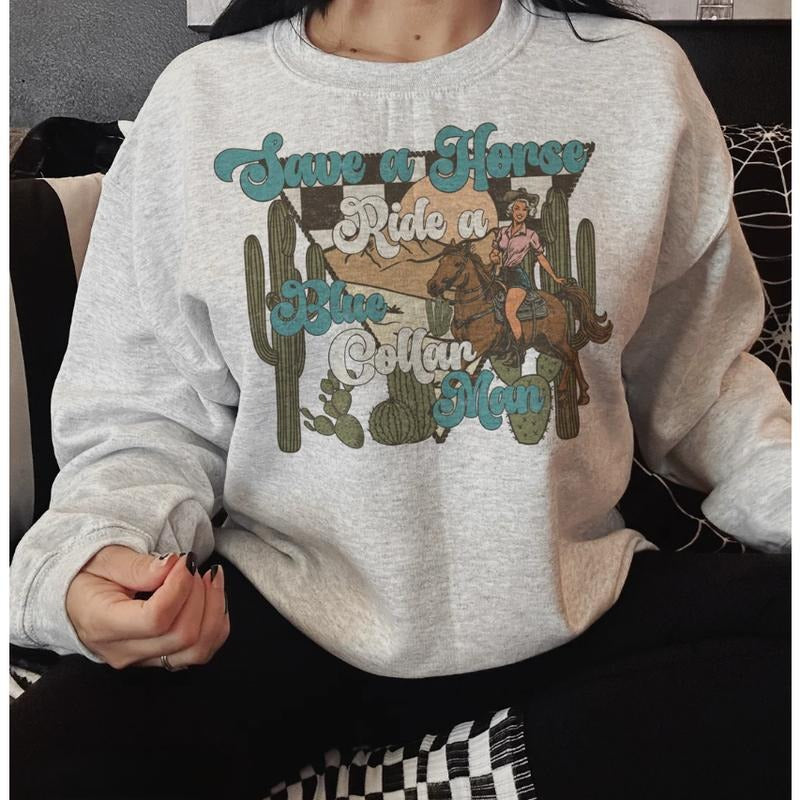 Western Blue Collar Ride Sweatshirt, vintage crewneck sweatshirts, western outfit women, cowgirl outfits, western...