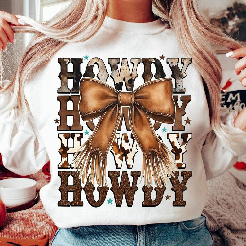 Western Cowgirl Howdy, Brown Leather Bow, Western Mama, Western Shirt Hoodie, Sweatshirt | GrindPrints.com
