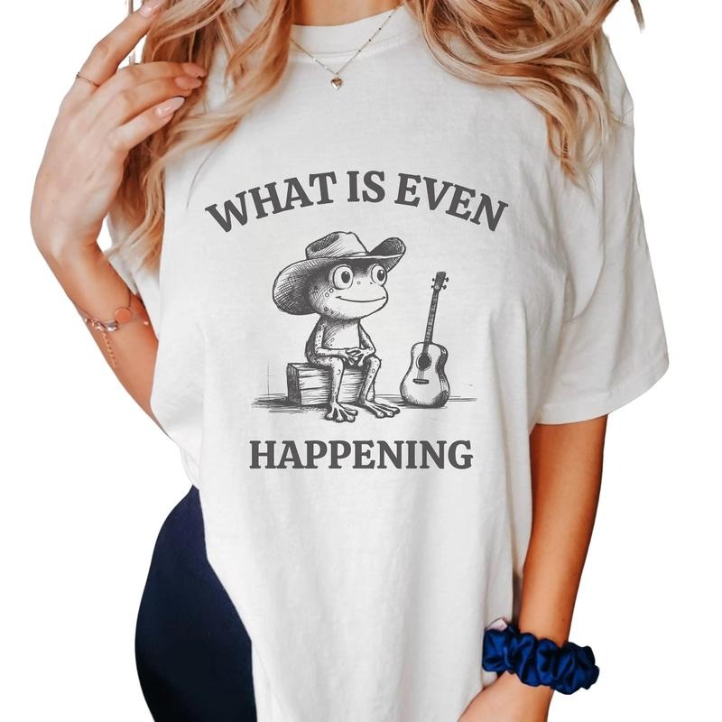 What Is Even Happening Frog Shirt, Funny Sarcastic Confused Western Cowboy With Guitar, Weirdcore Shirt For Frog Lovers...