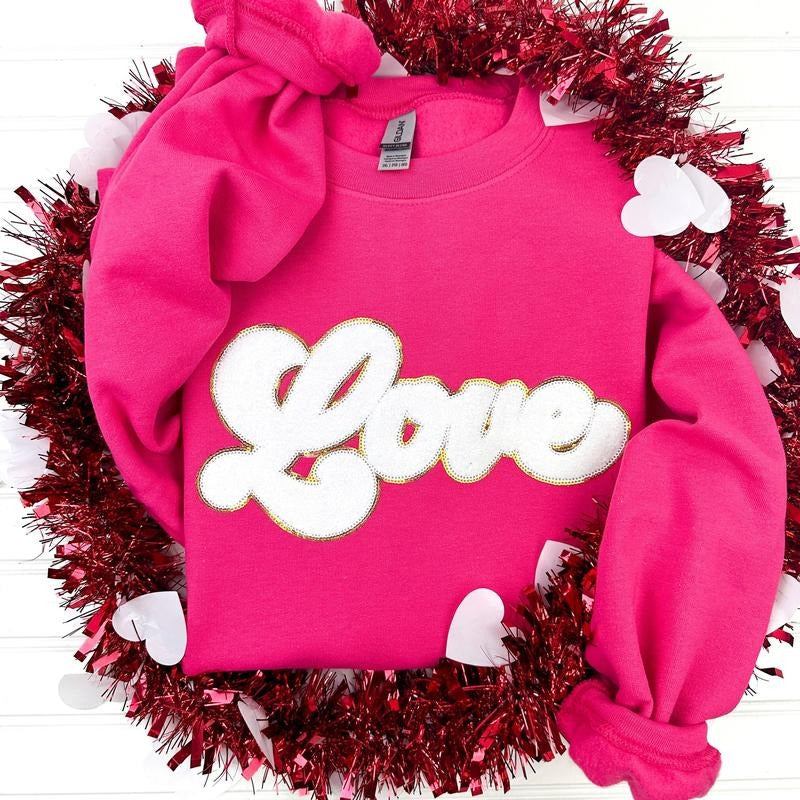 White Chenille Love Patch Sweatshirt T-Shirts, Hoodie | GrindPrints.com