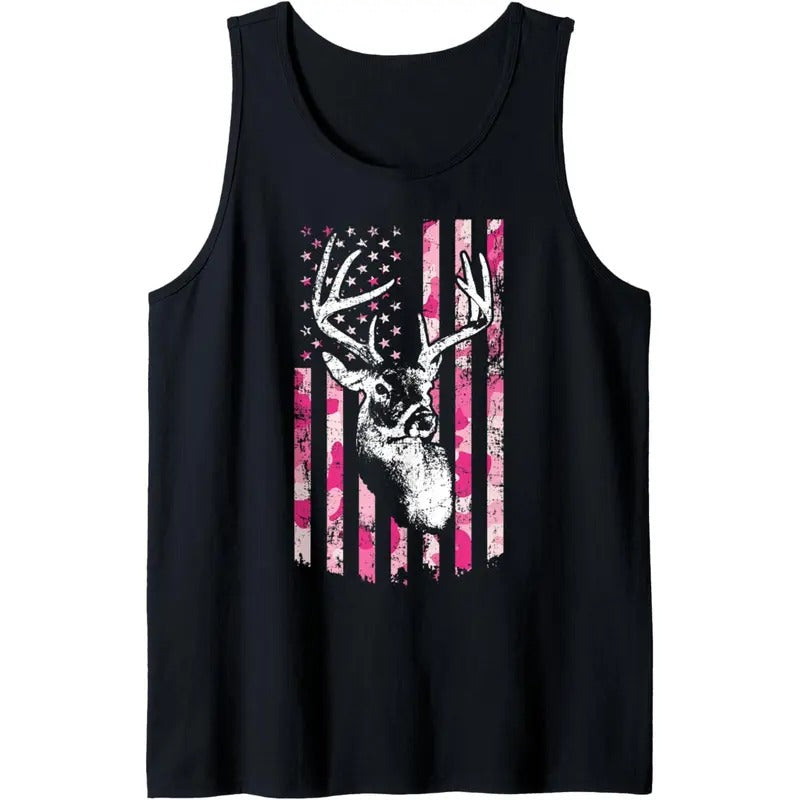 Whitetail Buck Womens Deer Hunting Pink Camo American Flag Tank Top made in USA T-Shirts, Hoodie, Sweatshirt