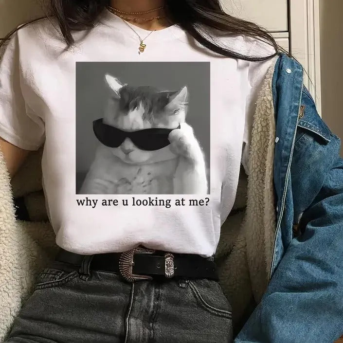 Why Are You Looking At Me Tshirt -cat meme shirt,cat shirts,funny shirt Hoodie, Sweatshirt | GrindPrints.com