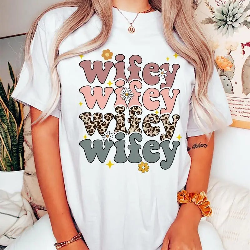 Wifey Shirt, Retro Wife T-shirt, Leopard Wifey Graphic Printed T-shirt, Vintage Groovy Comfort Shirts For Wife, Soft...