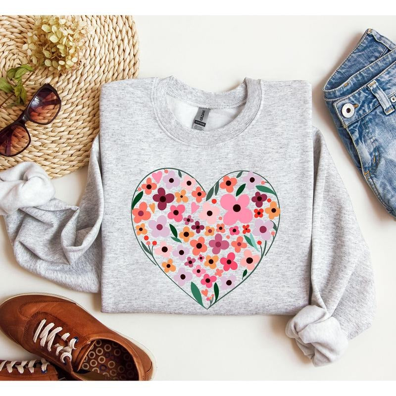 Wildflowers Heart Sweatshirt, Vintage Valentine's Day Sweatshirt, Crew Neck, Women's, Crewneck, Valentine's Day, Love,...