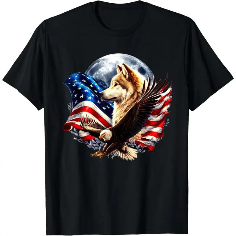 Wolf Bald Eagle American Flag Full Moon New Years Wolf Lover T-Shirt made in usa Hoodie, Sweatshirt | GrindPrints.com