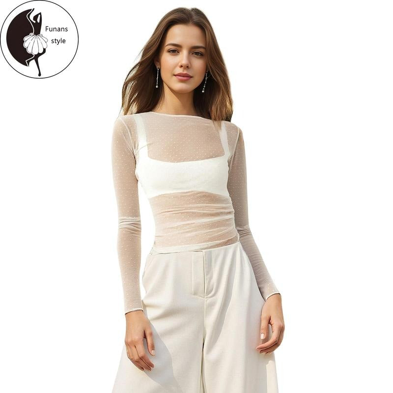 Women Basic Mesh Tops Casual Swiss Dot Sheer Long Sleeve Shirt Hoodie, Sweatshirt | GrindPrints.com