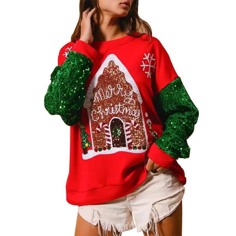 Women Christmas Sweatshirt, Long Sleeve Crew Neck Elk Print Hoodie Pullover for Casual Daily T-Shirts | GrindPrints.com