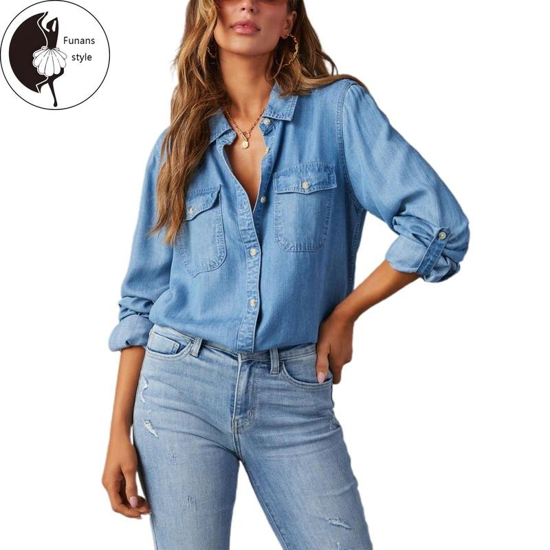 Women Denim Shirts Solid Color Turn Down Collar Long Sleeve Jean Blouses Spring Loose Casual Tops Streetwear Hoodie,...