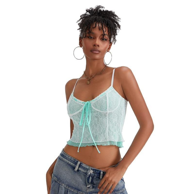 Women Lace Camisole, Spaghetti Straps Tie-up Patchwork Slim Fit Summer Tops Clubwear Sleeveless Comfort T-Shirts, Hoodie,...
