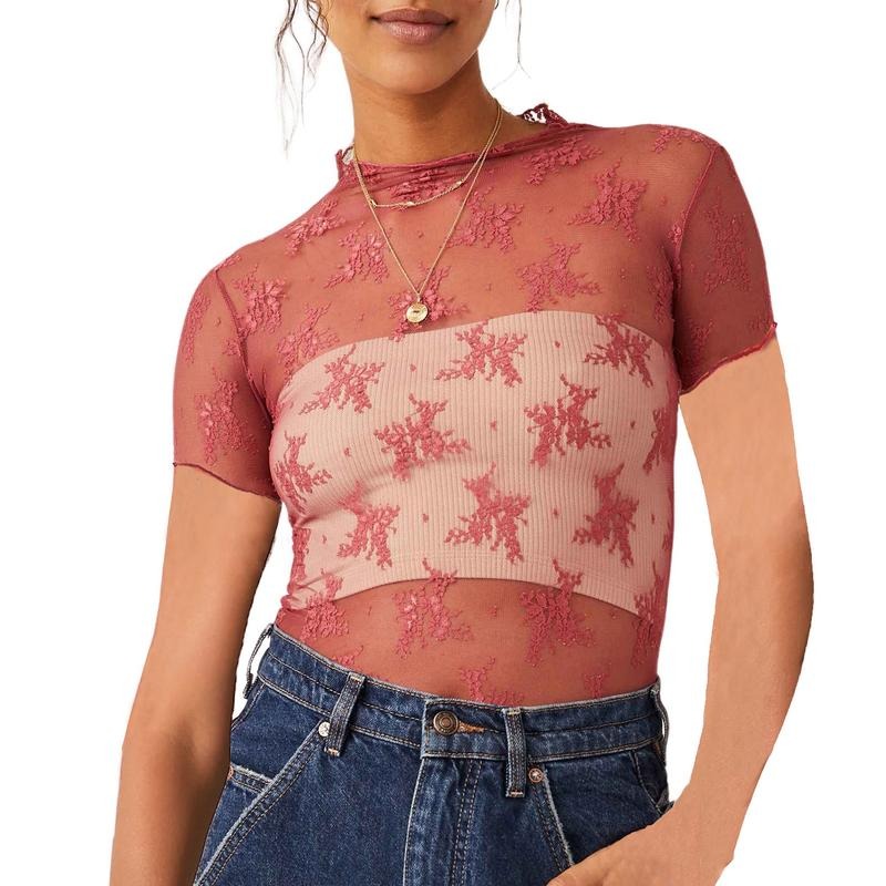 Women Lace Top, Crew Neck Short Sleeve See-through Summer Sheer T-shirt Clubwear Hoodie, Sweatshirt | GrindPrints.com
