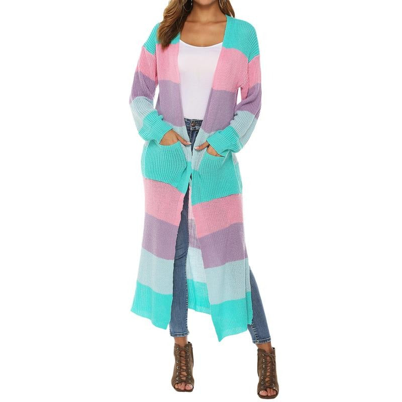 Women Long Cardigan, Long Sleeve Oepn Front Contrast Color Fall Casual Jacket Sweater with Pockets Knit Knitwear...