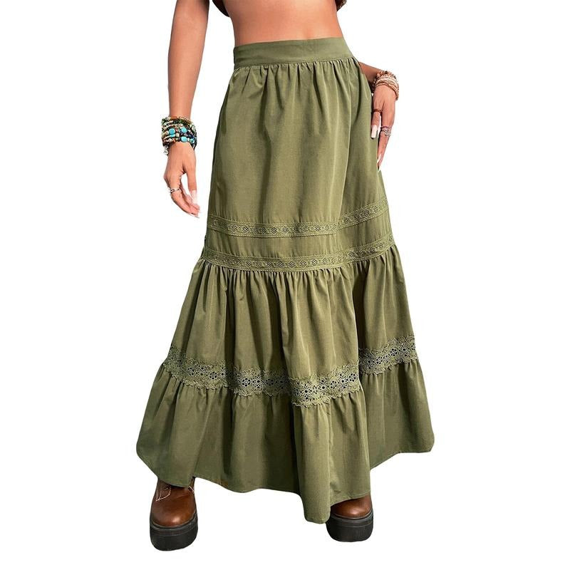 Women Long Skirt, Vintage Lace Patchwork Loose Summer Ladies Skirt for Casual Daily Fashion Light T-Shirts, Hoodie,...