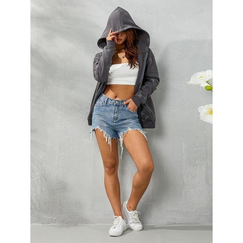 Women Long Sleeve Hoodie Jacket, Over-Size Style Star Pattern Vintage Streetwear Zipper Down Clothes Womenswear Check...