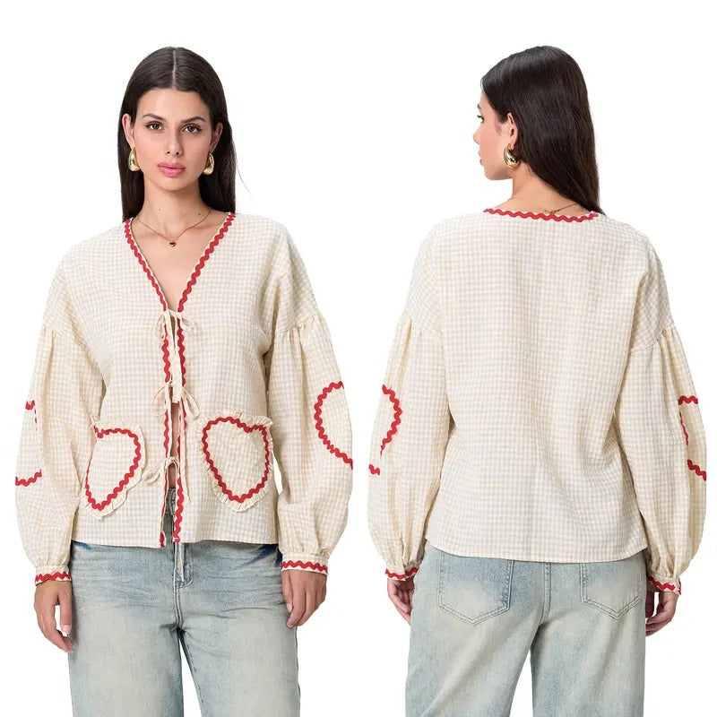 Women Long Sleeve Shirt Casual Plaid Print V-Neck Tie Front Tops Basic Blouses for Club Streetwear Aesthetic Clothes...