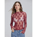 Women Long Sleeve T-Shirts Mesh See-Through Mock Neck Lace Shirts Spring Fall Slim Fit Tops Streetwear Womenswear Blouse...