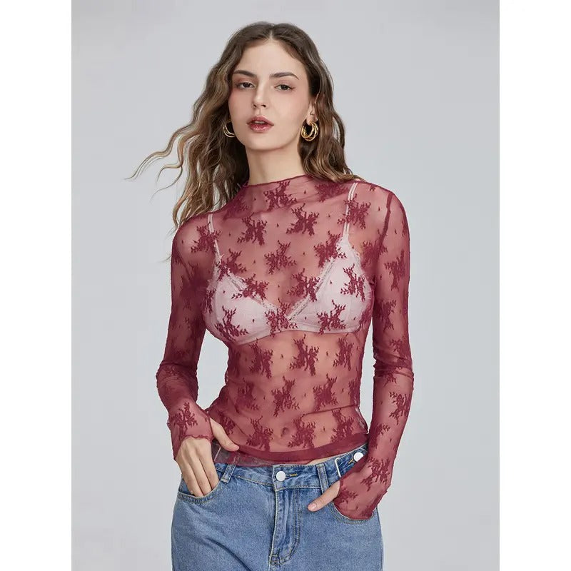 Women Long Sleeve T-Shirts Mesh See-Through Mock Neck Lace Shirts Spring Fall Slim Fit Tops Streetwear Womenswear Blouse...