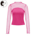 Women Long Sleeve T-Shirts Swiss Dot Mesh Patchwork Mock Neck Casual Shirts Spring FallFit Tops Streetwear Hoodie, Sweatshirt