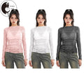 Women Long Sleeve Tops Sheer Floral Lace Ruched Basic Shirt Casual Pullover for Fall Club Streetwear Aesthetic Clothes...