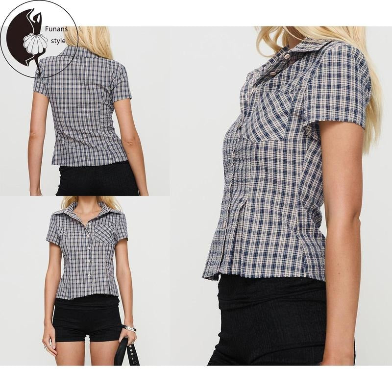 Women Plaid Shirt, Short Sleeve Button Closure Summer Tops Streetwear for Casual Daily Hoodie, Sweatshirt | GrindPrints.com