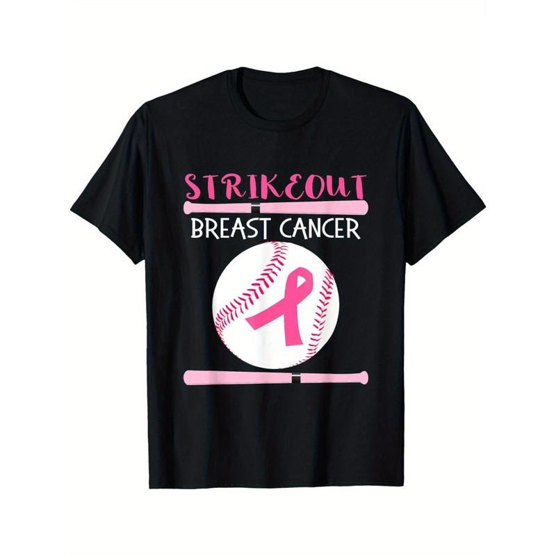Women'S Cotton Baseball Bat & Ball Graphic T-Shirt, High Stretch Crew Neck, Casual All-Season Knit Top with Breast Cancer...