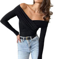 Women Solid Color Short T-Shirts Front Cross V-Neck Long Sleeve Off Shoulder Shirts Spring Fall Slim Fit Tops Streetwear...