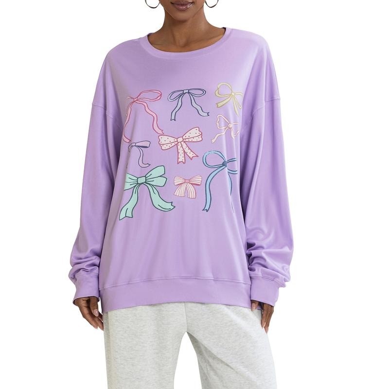 Women Sweatshirt, Long Sleeve Crew Neck Bowknot Print Hoodie Pullover Casual Tops T-Shirts | GrindPrints.com