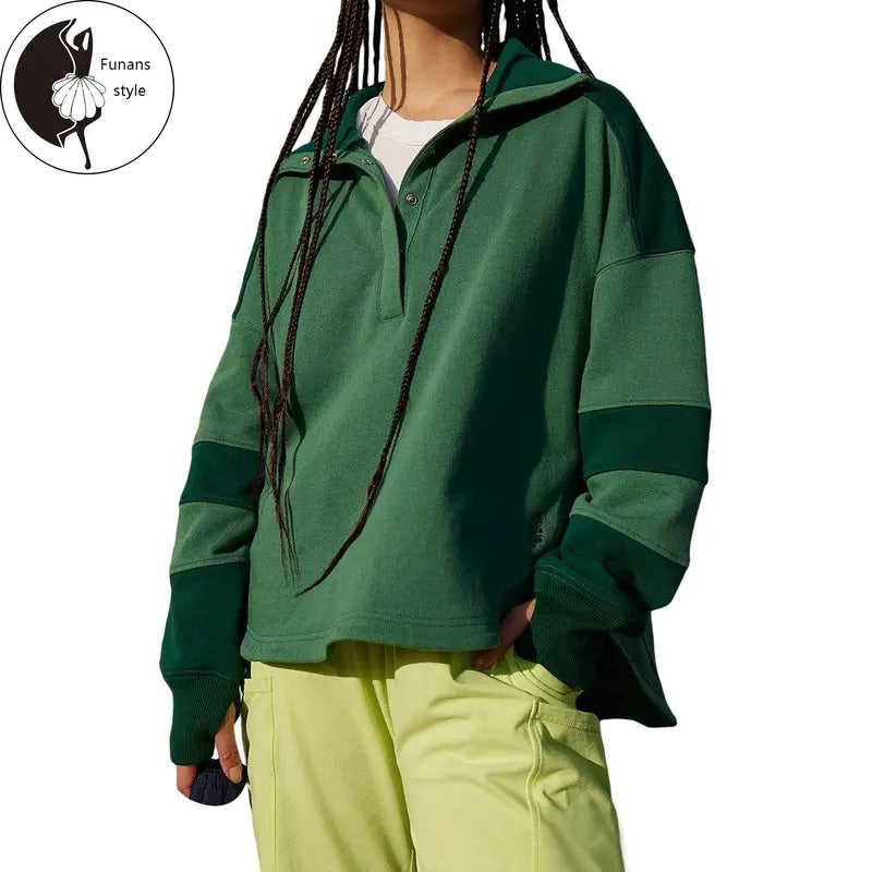 Women Sweatshirt, Long Sleeve Turn-down Collar Contrast Color Hoodie Pullover Casual Tops T-Shirts | GrindPrints.com