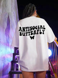 Women's "ANTISOCIAL BUTTERFLY" Butterfly & Letter Print Round Neck Graphic Tee, Vintage Trendy Casual Drop Shoulder Half...