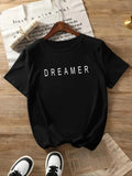 Women's "DREAMER" Letter Print Round Neck Tee, Fashion Casual Crew Neck Short Sleeve T-shirt for Daily Holiday Vacation...
