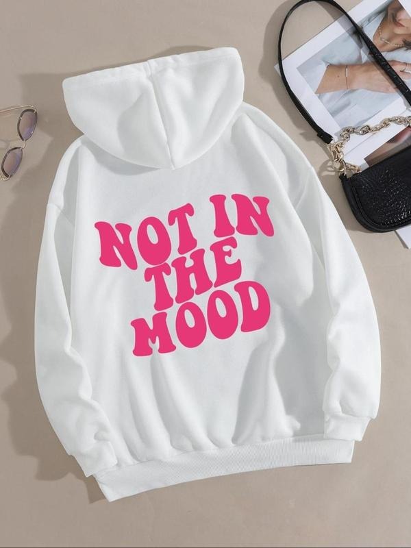 Women's "NOT IN THE MOOD" Letter Print Drop Shoulder Doodie DRG, Drawstring Longsleeves Kangaroo Pocket Hoodie for daily...