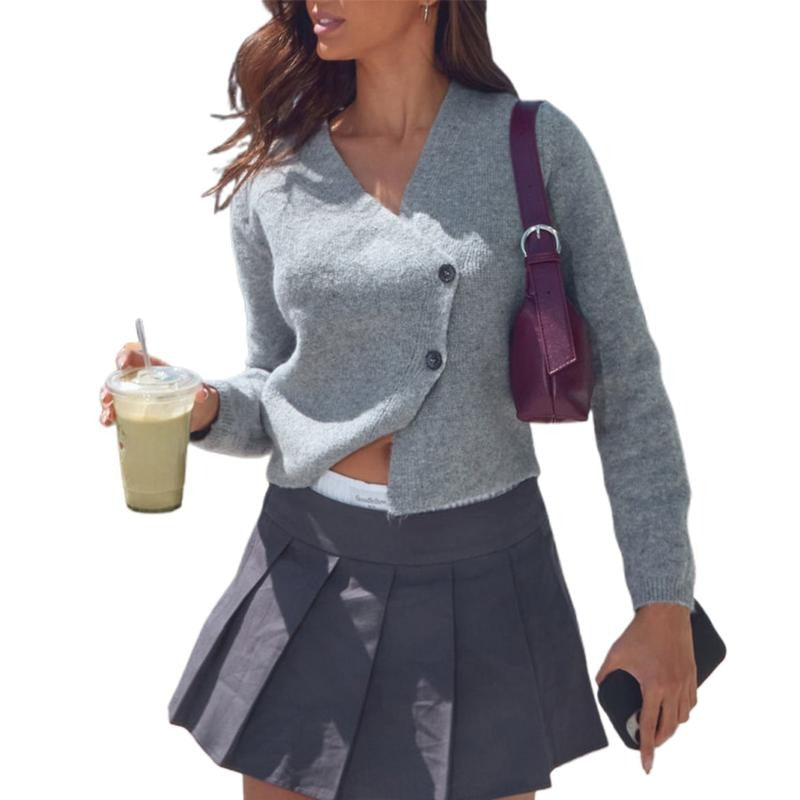 Women's Autumn Short Sweater Cardigan Solid Long Sleeve V Neck Oblique Button Up Knitwear T-Shirts, Hoodie, Sweatshirt