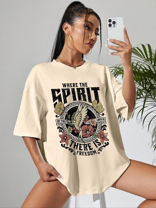 Women's Bird Floral Letter Print Round Neck Graphic Tee, Vintage Trendy Casual Drop Shoulder Short Sleeve T-shirt for...