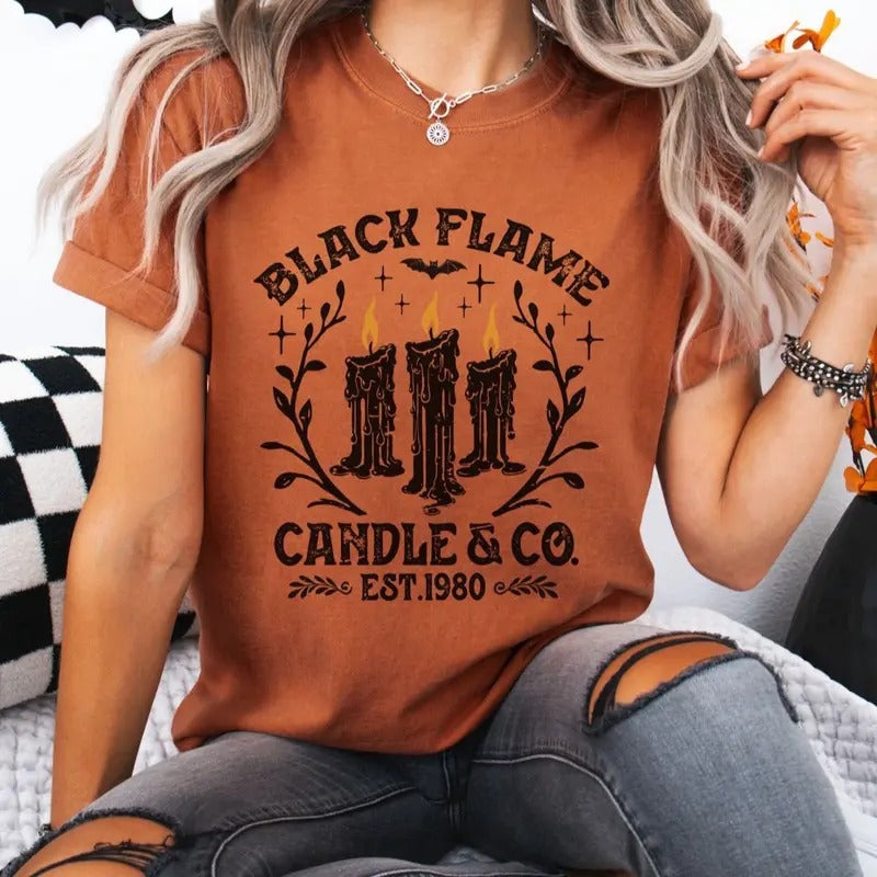 Women's Black Flame Candle Graphic T-Shirt - Short Sleeve Casual Cotton Top - Womenswear Hoodie, Sweatshirt | GrindPrints.com
