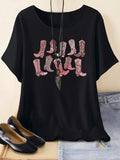 Women's Boot Print Round Neck Graphic Tee, Vintage Trendy Casual Short Sleeve T-shirt for Daily Wear, Ladies Summer...