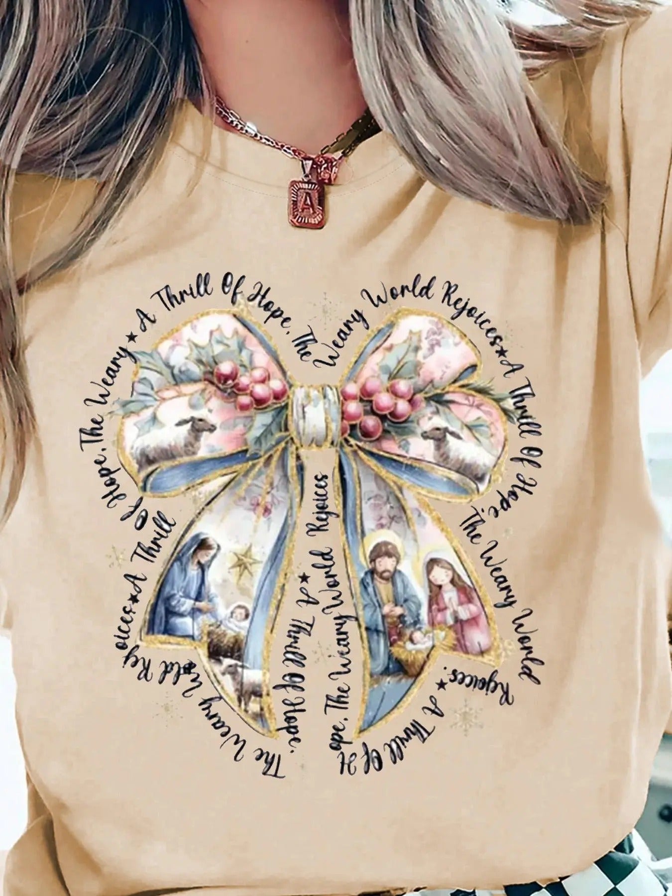 Women's Bow  & Letter Print Round Neck Tee, Casual Short Sleeve Crew Neck T-shirt for Daily Wear, Ladies Clothes for All...