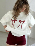 Women's Bow Print Drop Shoulder Tee, Casual Half Sleeve Round Neck T-shirt, Fashion Women's Top for Daily Wear Hoodie,...