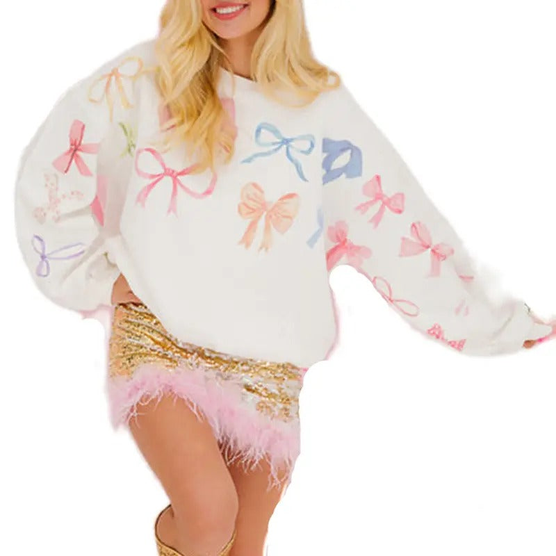 Women's Bow Print Sweatshirt Cute Long Sleeve Round Neck Oversized Casual Pullover Tops T-Shirts, Hoodie | GrindPrints.com