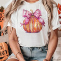 Women's Bowknot & Pumpkin Print Round Neck Tee, Fashion Casual Short Sleeve T-shirt for Daily Holiday Vacation Outdoor...