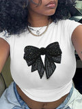 Women's Bowknot Embroidery Round Neck Tee, Casual Short Sleeve Crew Neck T-shirt for Summer, Fashion Women's Top for...