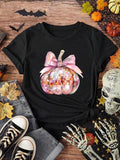 Women's Bowknot Pumpkin Print Round Neck Tee, Fashion Casual Short Sleeve T-shirt for Daily Holiday Vacation Outdoor...