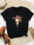 Women's Bull Head Print Round Neck Tee, Fashion Casual Crew Neck Short Sleeve T-shirt for Daily Holiday Vacation Outdoor...
