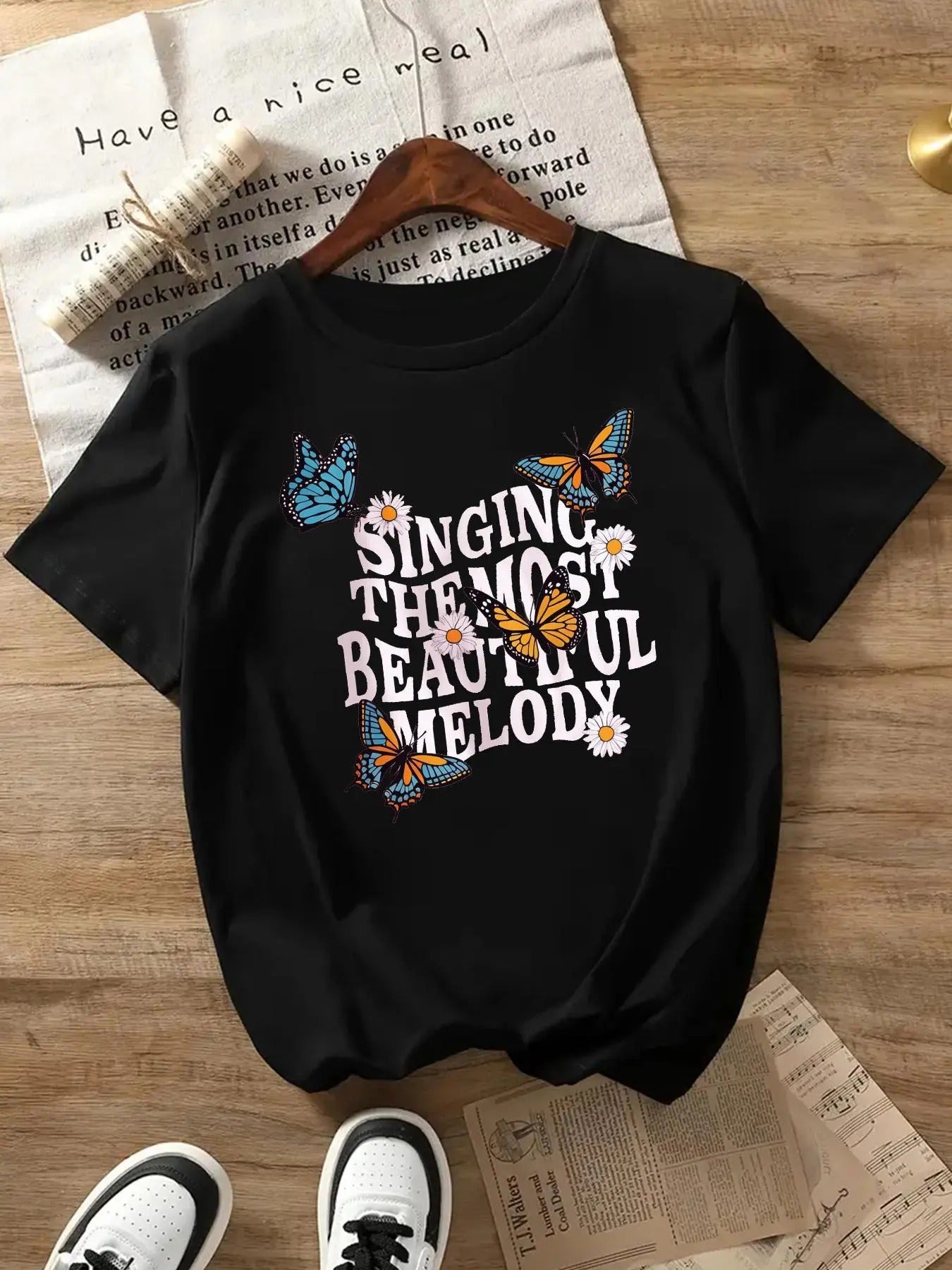 Women's Butterfly & Floral & Letter Print Round Neck Tee, Fashion Casual Crew Neck Short Sleeve T-Shirt for Daily Holiday...