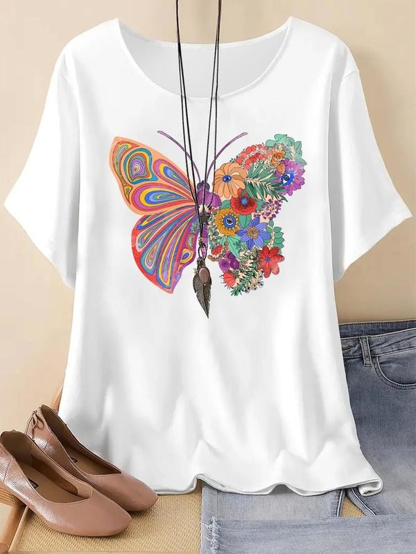 Women's Butterfly & Floral Print Round Neck Tee, Casual Short Sleeve Crew Neck T-Shirt for Summer, Fashion Women's Top...