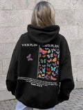 Women's Butterfly & Letter Print Drop Shoulder Hoodie, Fashion Casual Drawstring Pocket Hooded Sweatshirt for Daily...