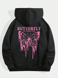 Women's Butterfly & Letter Print Drop Shoulder Hoodie, Fashion Casual Drawstring Pocket Hooded Sweatshirt for Daily...